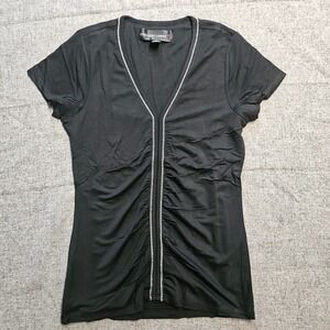 Black Ruched V-Neck Top Silver Trim Embellished‎ Stretch Blouse